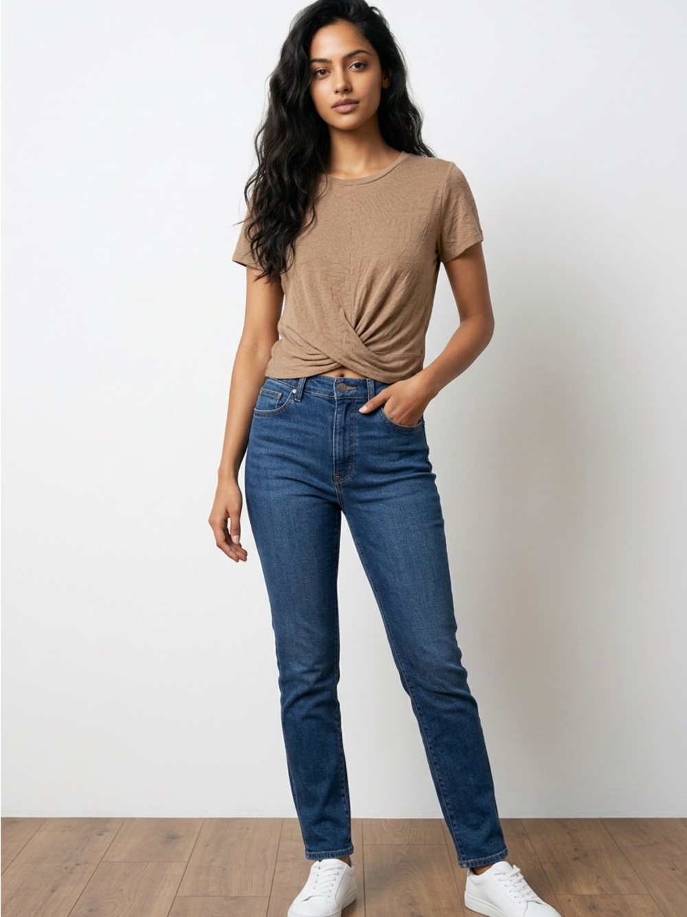 Twist-Front Crop Tee in Taupe